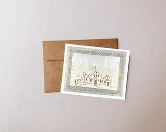 Christmas Card with Snowy Winter Cabin Trees Scene Rhinestone | Handmade Greeting Card with Envelope | Blank Inside for Personalized Message