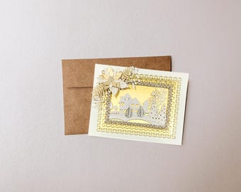 Christmas Card with Snowy Cabin Winter Bridge Trees Scene | Handmade Greeting Card with Envelope | Blank Inside for Personalized Message