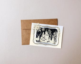 Christmas Card with Winter Cabin Scene Reindeer Snowflakes | Handmade Greeting Card with Envelope | Blank Inside for Personalized Message