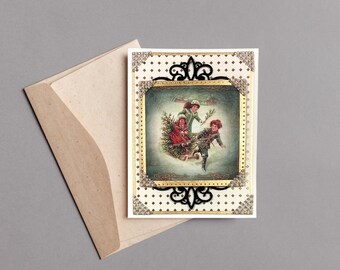 Gold Christmas Card with Snowy Winter Scene | Handmade Greeting Card with Envelope | Blank Inside for Personalized Message to Loved Ones