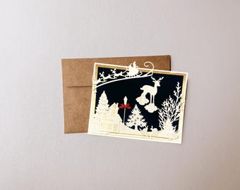 Christmas Card with Santa Sleigh Reindeer Winter Snow Scene | Handmade Greeting Card with Envelope | Blank Inside for Personalized Message