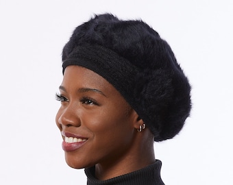 Zwart gebreide Baret, angora Wol Blend baret, zwarte Winter Baret, zwarte hoed met bloem