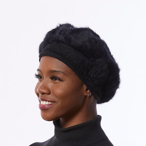 Black knit Beret, angora Wool Blend beret, black Winter Beret, black hat with Flower image 1