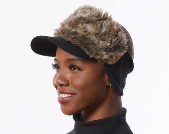 Black Knit Visor Hat: Faux Fur Ponytail Messy Bun Cap