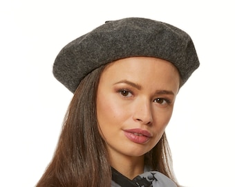 Charcoal Grey Wool Felt Beret Hat With Ribbon Rosettes and  display picture 1