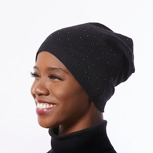Black Beanie Hat, Slouchy Winter Hat, Black Knit Hat with sparkles, Slouchy Knit Beanie Hat, Knit Wool Hat Black
