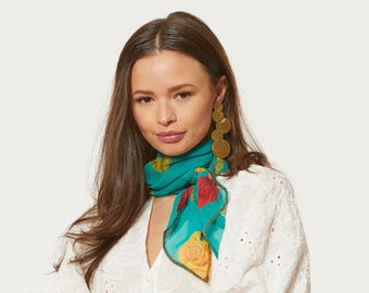 Turquoise Floral Chiffon Scarf: Elegant Necktie Headband