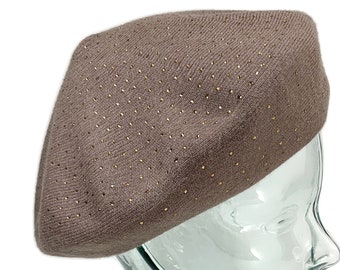 Berretto in maglia taupe, berretto in misto lana con Sparkle, berretto in lana morbida reversibile, berretto beige in stile retrò, berretto invernale, cappello per le donne