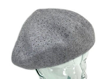 Gray knit Beret, Cashmere Blend beret with Sparkle, Reversible soft wool beret, Retro style grey beret, Winter Beret, Hat for women