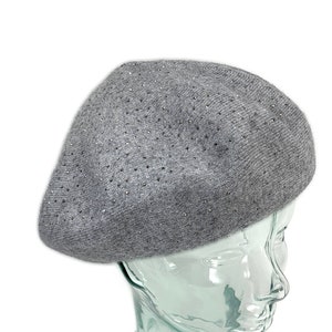 Gray knit Beret, Cashmere Blend beret with Sparkle, Reversible soft wool beret, Retro style grey beret, Winter Beret, Hat for women