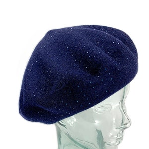 Berretto in maglia blu, berretto per l'inverno, berretto classico, berretto in misto lana, berretto invernale reversibile, cappello berretto blu scintillante per le donne immagine 1