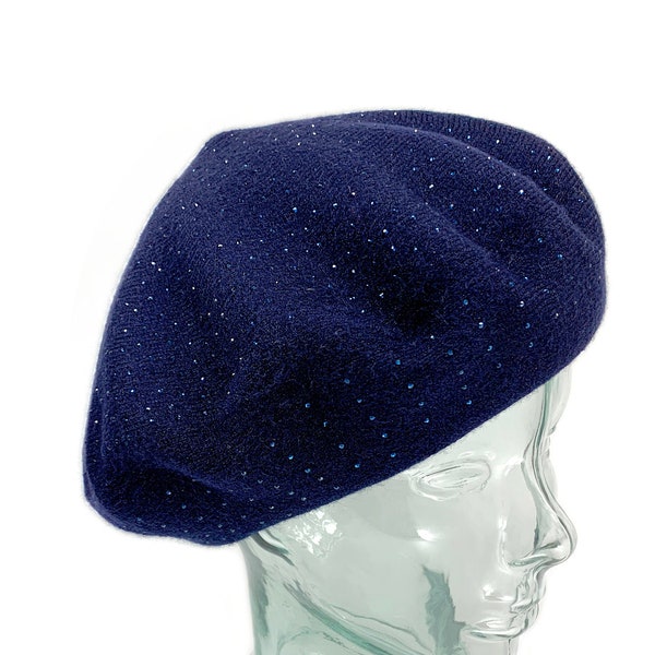 Blue knit Beret, beret for winter, Classic beret hat, Wool Blend beret, Reversible Winter Beret, Sparkly Blue beret Hat for women