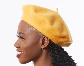 Yellow Wool Felt Beret: Classic Winter Hat