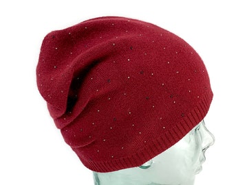 Burgundy Beanie Hat with Crystals, Slouchy Winter Hat, Red Warm Hat, Slouchy Knit Beanie Hat, Knit Wool Hat, Burgundy hat for winter