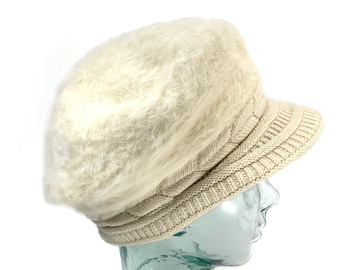 Cream knit Cap, angora Wool Blend Hat, White Winter Cap, White Newsboy hat with Bill