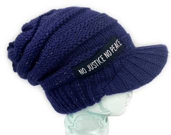 Navy Knit Visor Hat: Metallic Thread Slouchy Ponytail Beanie