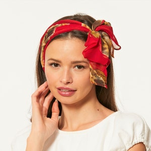 Chiffon Scarf in Red, Floral Red Necktie, Long Chiffon headscarf, Elegant Scarf with flowers, Ready to Ship Gift, Gift for Mom