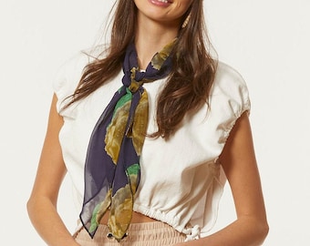 Floral Chiffon Scarf: Blue Necktie Headband, Elegant Spring Accessory