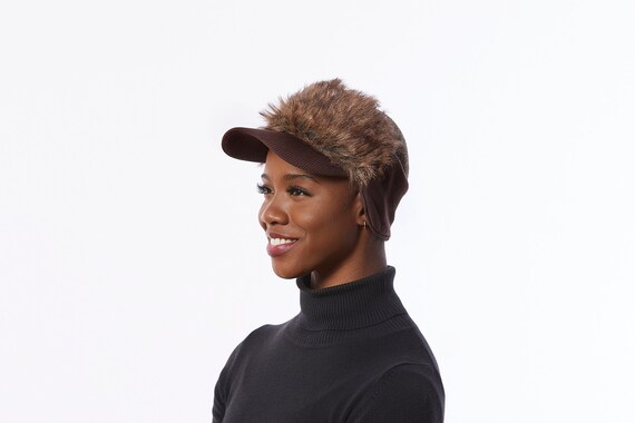 Brown Knit Visor Hat Cap With Fur Messy 