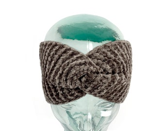 Khaki Knit Turban for Winter, wide chenille headband, Knit warm headband in Khaki, Knit headband for dreads, ponytail headband