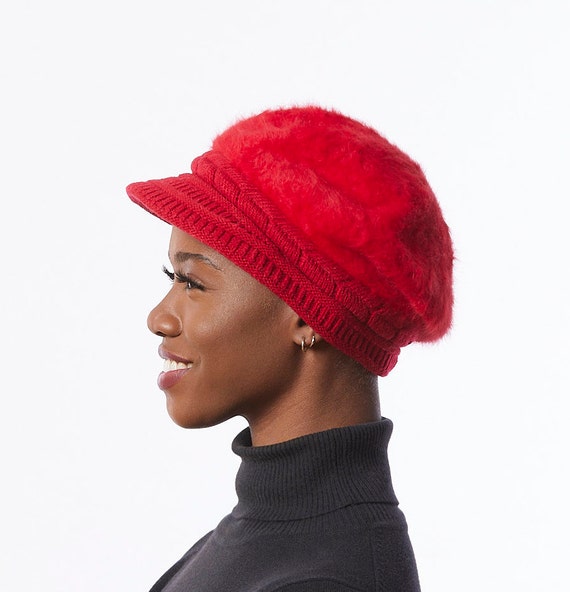Red Knit Cap Angora Wool Blend Hat Red 
