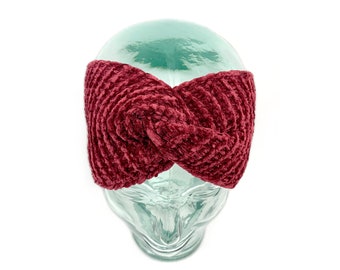 Burgund stricken Turban für Winter, breite Chenille Stirnband, stricken warmen Stirnband in rot, stricken Stirnband für Dreads, Pferdeschwanz Stirnband