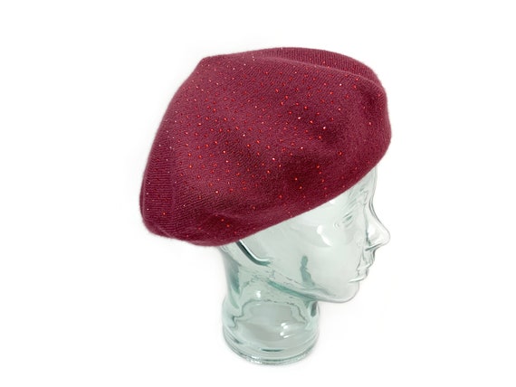 Burgundy Wool Blend Beret: Reversible Sparkle Knit Winter 