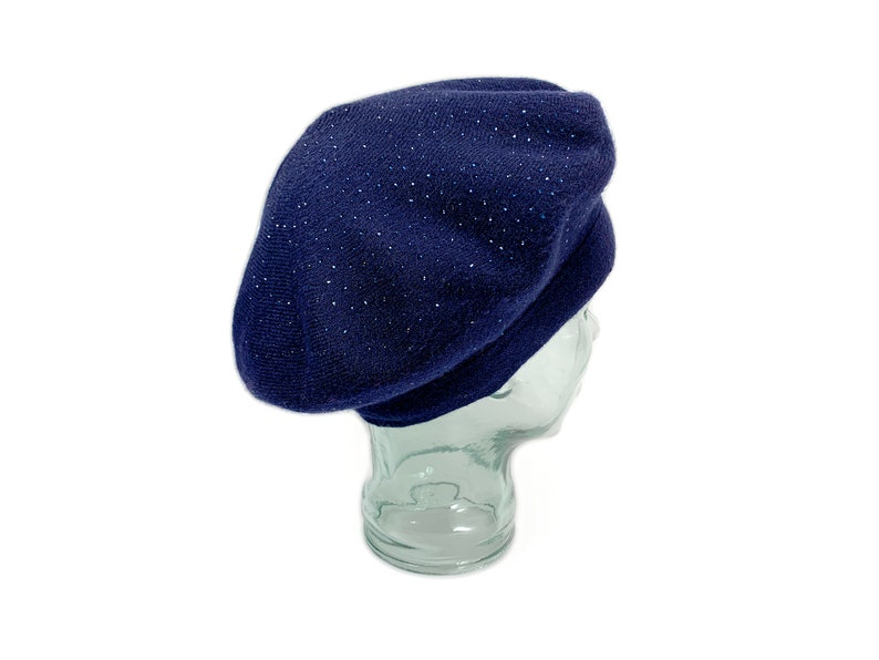 Blue knit Beret, beret for winter, Classic beret hat, Wool Blend beret, Reversible Winter Beret, Sparkly Blue beret Hat for women image 3