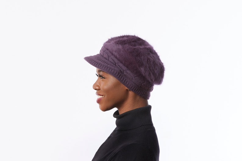 Angora Wool Blend Hat Purple Winter Cap Purple Newsboy hat with Bill Purple knit Cap