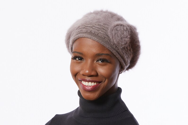 Taupe knit Beret, angora Wool Blend beret, Beige Winter Beret, Neutral color hat with Flower image 2