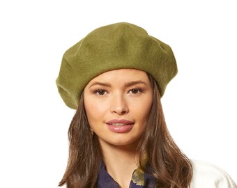 Boina de lana verde oliva, boina de fieltro para invierno, boina clásica, boina de estilo retro, boina de invierno, sombrero para mujer