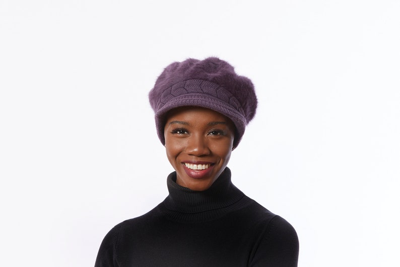 Angora Wool Blend Hat Purple Winter Cap Purple Newsboy hat with Bill Purple knit Cap
