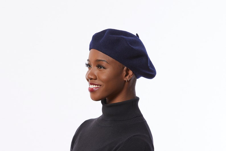 Wool Beret in Navy Blue, Felt beret for winter, Classic beret hat, Retro style Blue beret, Winter Beret, Navy Blue Hat for women image 2