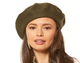 Béret de laine en vert armée, béret en feutre pour l’hiver, chapeau de béret classique, béret vert foncé de style rétro, béret d’hiver, chapeau vert kaki pour femmes