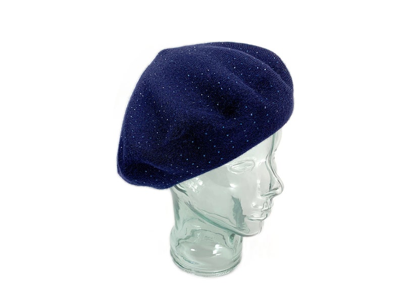 Blue knit Beret, beret for winter, Classic beret hat, Wool Blend beret, Reversible Winter Beret, Sparkly Blue beret Hat for women image 1