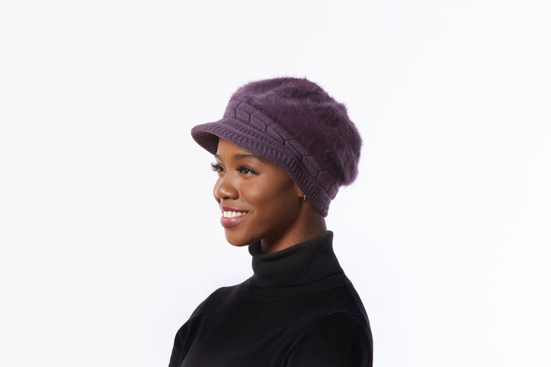 Angora Wool Blend Hat Purple Winter Cap Purple Newsboy hat with Bill Purple knit Cap