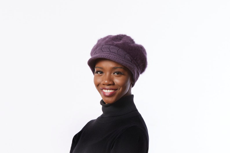 Angora Wool Blend Hat Purple Winter Cap Purple Newsboy hat with Bill Purple knit Cap