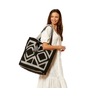 Oversized Fabric Tote in Black and white, Boho Tote Bag with Pompom Tassel, Big Beach Bag, Spring Summer Tote