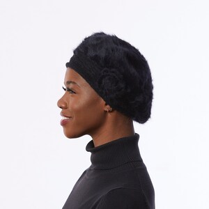 Black knit Beret, angora Wool Blend beret, black Winter Beret, black hat with Flower image 2