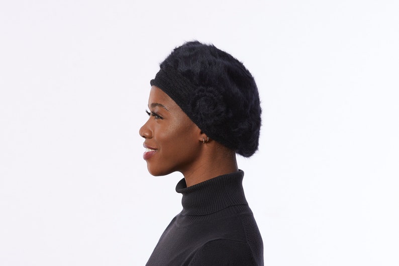 Black knit Beret, angora Wool Blend beret, black Winter Beret, black hat with Flower image 2