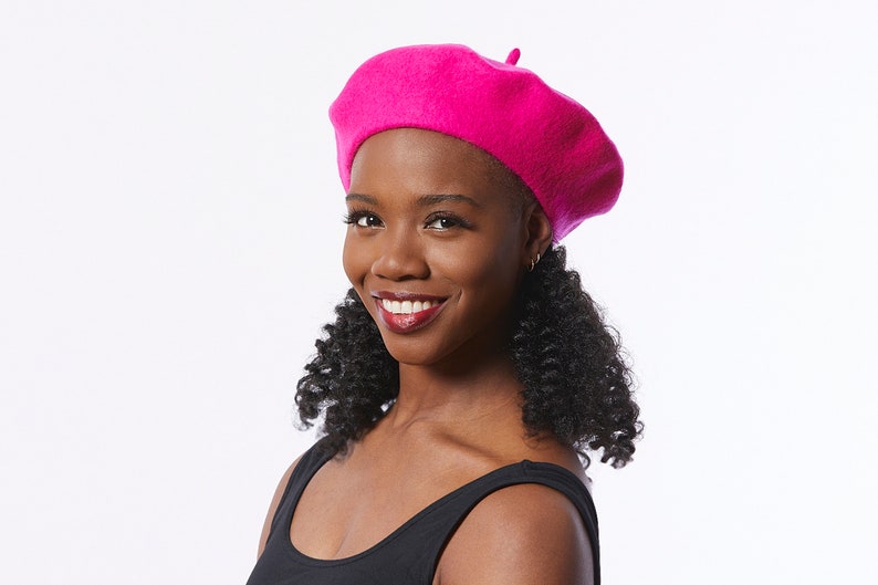 Hot Pink Wool Beret, Hot Pink Hat for winter, Classic beret hat, Retro style Hot Pink beret, Winter Beret, Bright pink Hat for women image 2