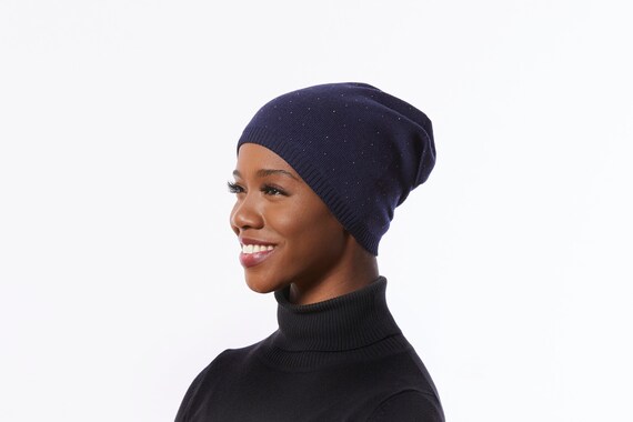 Navy Beanie Hat, Slouchy Winter Hat, Navy Knit Hat With 