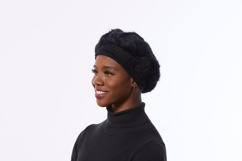 Black knit Beret, angora Wool Blend beret, black Winter Beret, black hat with Flower image 1