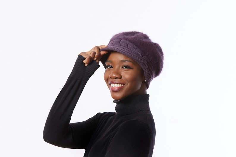 Angora Wool Blend Hat Purple Winter Cap Purple Newsboy hat with Bill Purple knit Cap