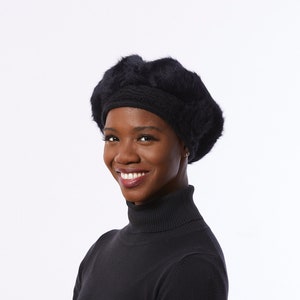 Black knit Beret, angora Wool Blend beret, black Winter Beret, black hat with Flower image 3