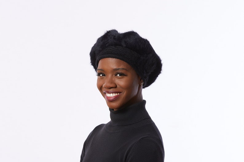 Black knit Beret, angora Wool Blend beret, black Winter Beret, black hat with Flower image 3