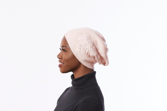 Pink Beanie Hat With Flower Slouchy 