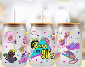 Adesivo per bicchiere termico da 473 ml (16 oz) con design UV DTF a tema anni '90: design vivace