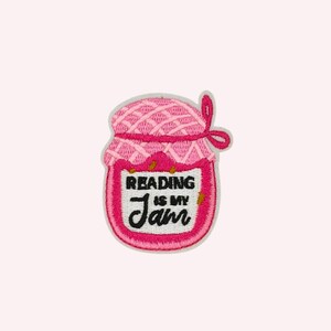 Reading Is My Jam Embroidered Iron-On Patch – Pink Book Lover Patch, Cute Reader Gift, Bookish Jacket & Tote Bag Patch
