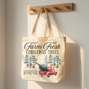 Farm Fresh Christmas Trees Tote Bag: Natural Canvas Holiday Tote
